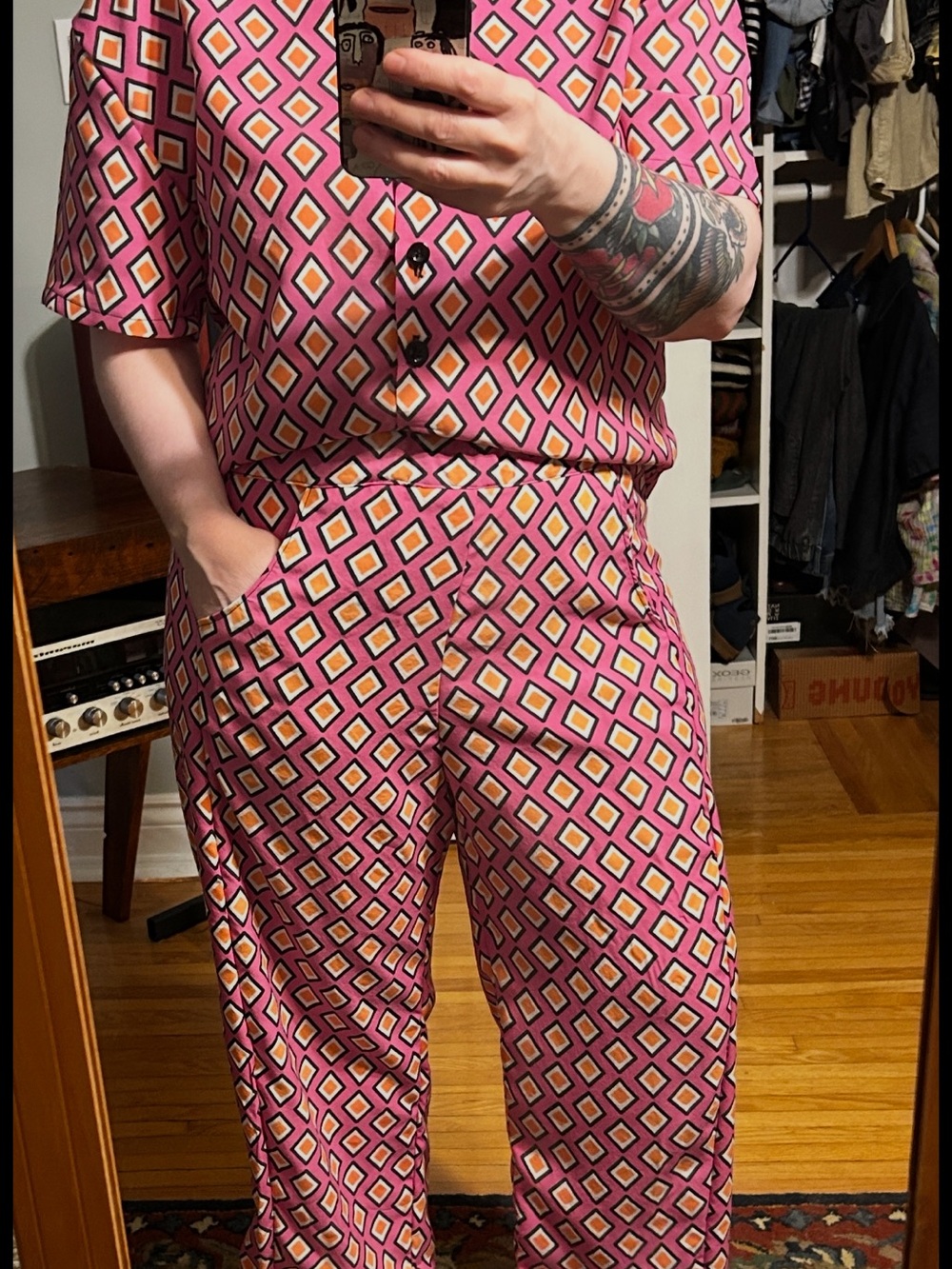 Women's Pink Geometric Wide-Leg Pants